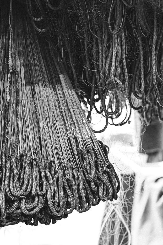 Monochrome image showing a collection of neatly organized ropes hanging in loops, with intricate textures and patterns, suggestive of nautical or fishing gear.