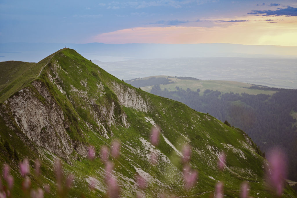 An idyllic mountain ridge with a narrow trail at sunset, overlooking a vast, verdant landscape with layers of hills stretching into the distance under a soft pink and blue sky.