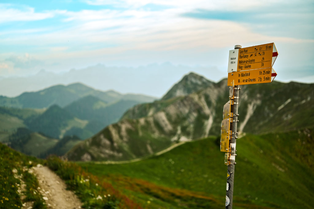 An idyllic mountain ridge with a narrow trail at sunset, overlooking a vast, verdant landscape with layers of hills stretching into the distance under a soft pink and blue sky.